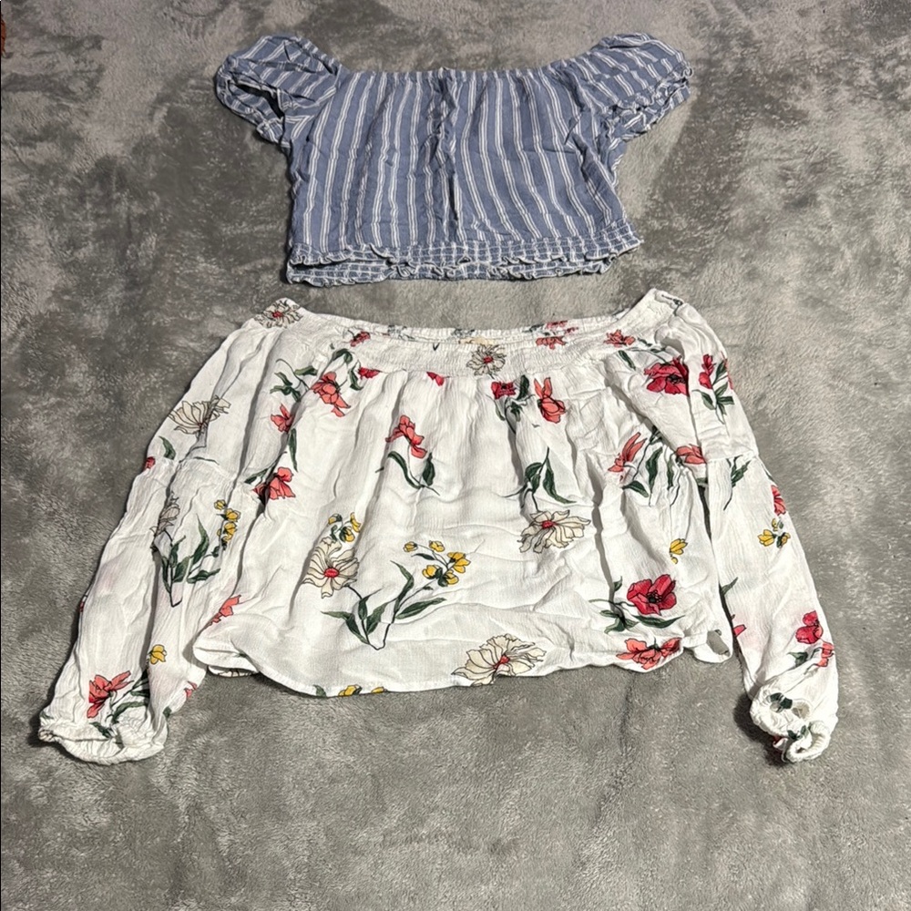 Off the Shoulder Striped Blue Crop Top and Floral White Blouse